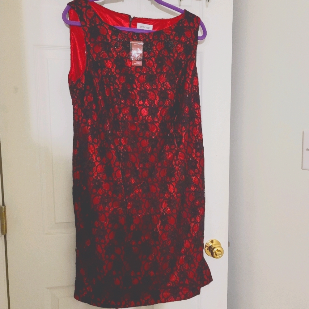 NWT Black lace overlay, red A-line party dress 14